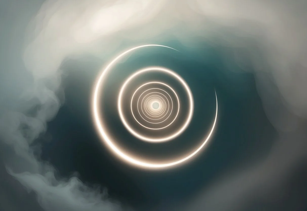 A swirling spiral of light draws the viewer in, surrounded by a hazy mist, creating a sense of mystery and intrigue