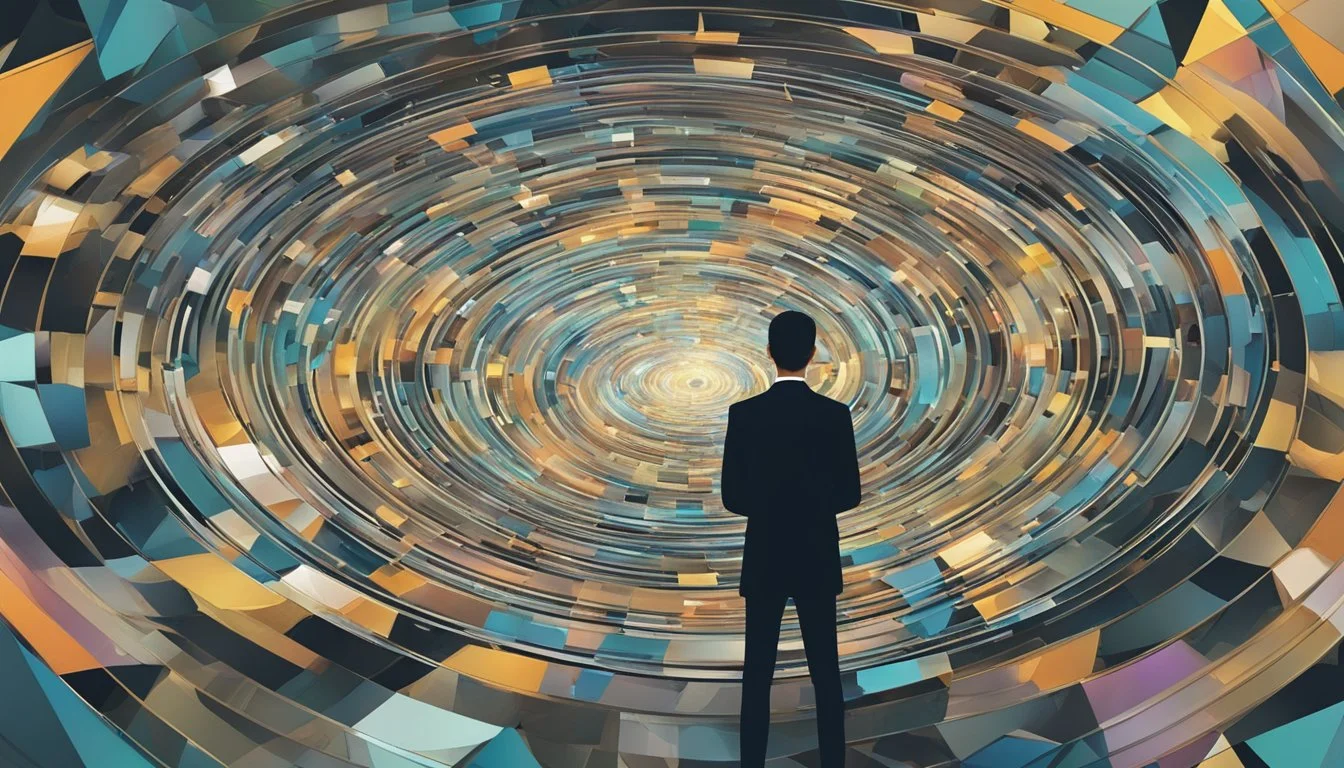 A person surrounded by swirling, fragmented memories, with a hypnotist's pendulum in the foreground